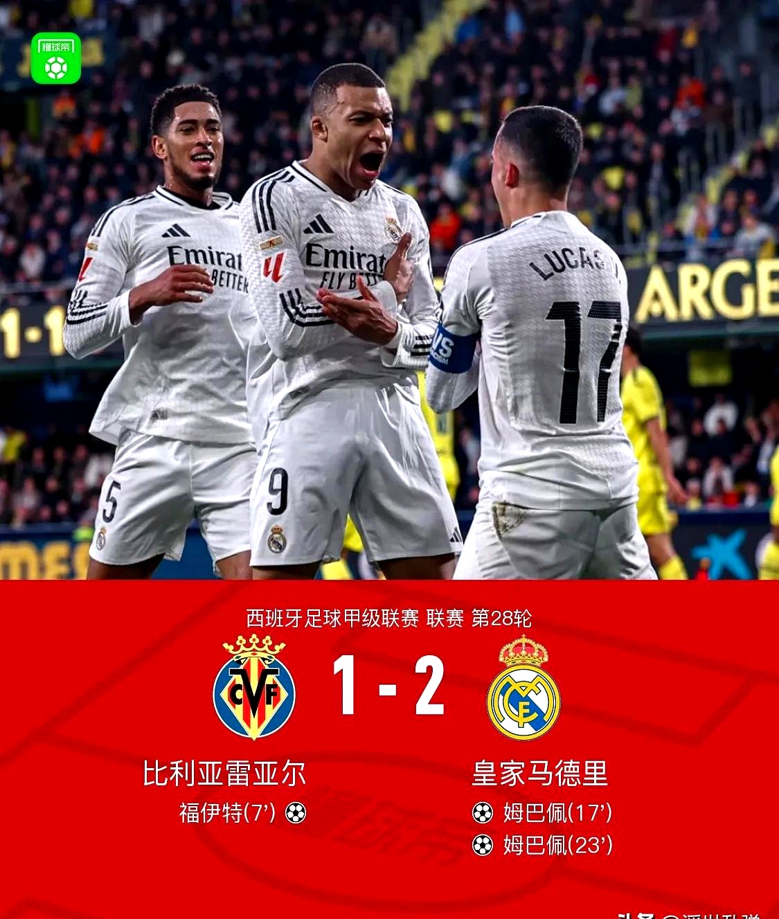 皇马主场大胜塞维利亚，继续领跑西甲积分榜